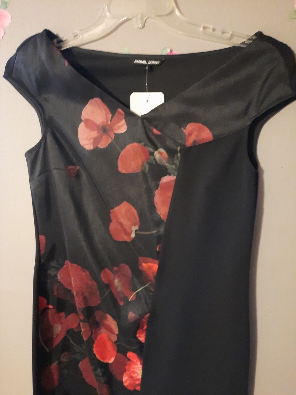 Samuel Dong Black Midi Dress with Red Floral Print 478